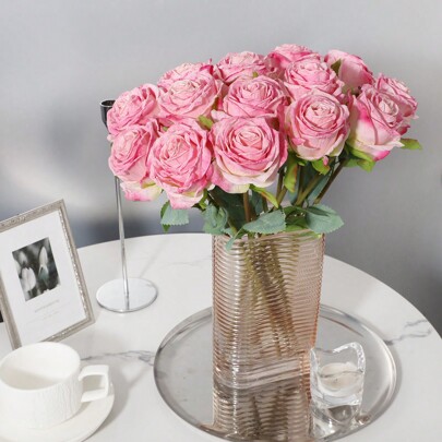 7 pezzi di rose artificiali fiammate, fiori finti, rosa corallo, decorazione per la festa della mamma, stagione dei matrimoni, stagione della laurea,