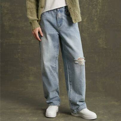 Jeans straight in denim di cotone premium con strappi per uomo