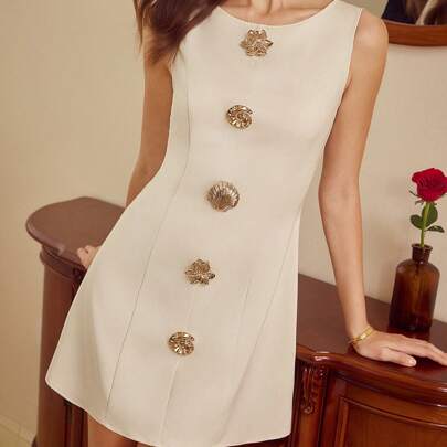 Abito vintage elegante da donna, mini abito con decorazione fibbia in metallo, abito casual estivo da donna per vacanza, abito da donna per matrimonio