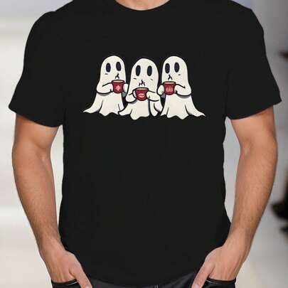 Maglietta "Spooky Ghost Coffee", t-shirt da uomo con scollo tondo, 220 g/m², manica corta estiva in puro cotone (1 pezzo)