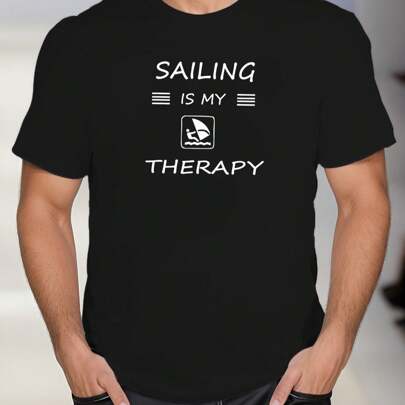 T-shirt nera a maniche corte da uomo con stampa "SAILING IS MY THERAPY", t-shirt da uomo con scollo rotondo, 220 g/m², per l'estate, in puro cotone, m
