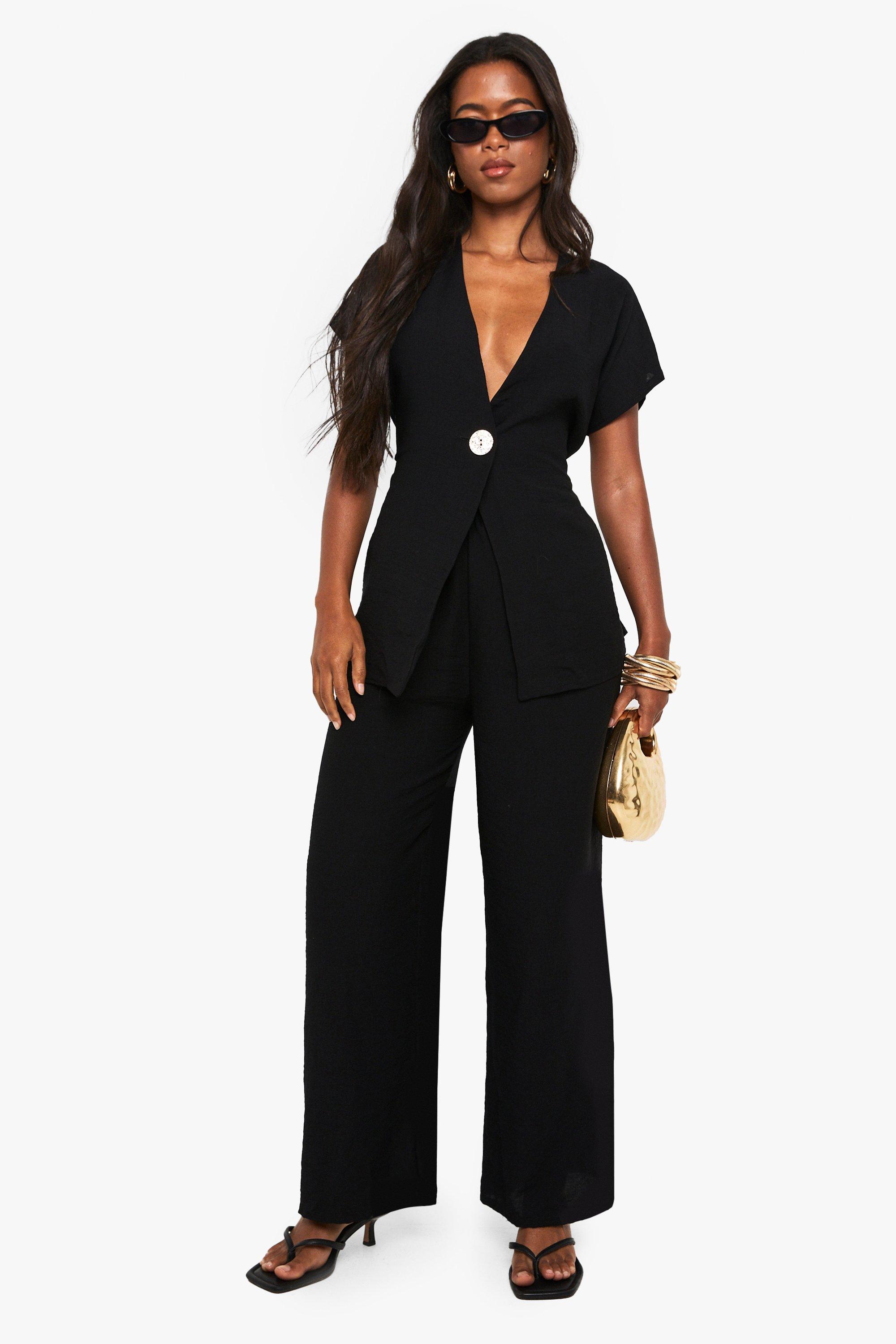 Linen Look Button Detail Top and Wide Leg Trouser Co-ord, Nero