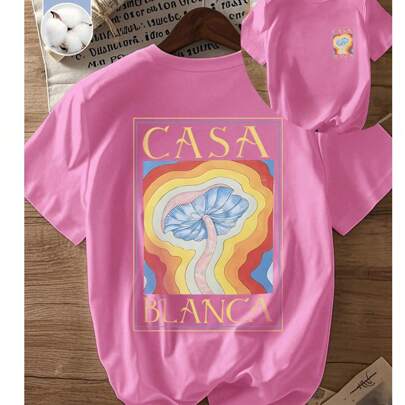 T-shirt da donna a maniche corte in tinta unita, t-shirt in cotone con slogan Casa Blanca, design a forma di fungo, energica, streetwear Y2K, abbiglia
