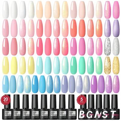 Set 25 pezzi di smalto gel per unghie con base, finitura lucida, glitter, opaca e top coat, colori arcobaleno primaverili ed estivi, 7ml per kit gel u