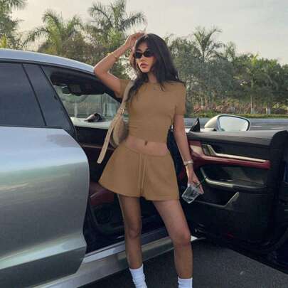 Set di abbigliamento da casa da donna, in maglia, aderente, colore marrone caffÃ¨