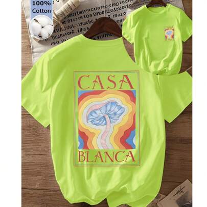 T-shirt da donna a maniche corte in tinta unita, t-shirt in cotone con slogan Casa Blanca, design a forma di fungo, energica, streetwear Y2K, abbiglia