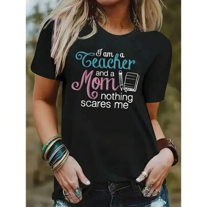 T-shirt casual estiva da donna, design di moda, stampa di posizionamento, "Happy Friday Teacher"