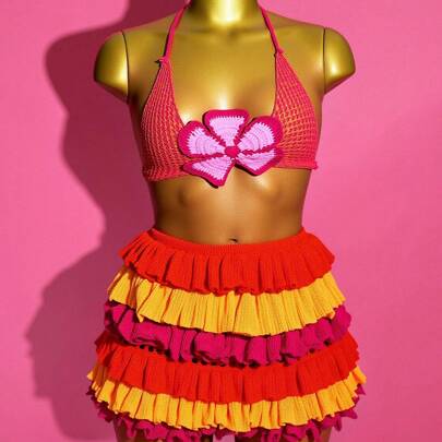 Mini gonna a balze multicolore, per il 2025 adatta per festival musicali estivi, Pasqua, stile western, nomade, feste, piscina, vacanze, crociere, spi