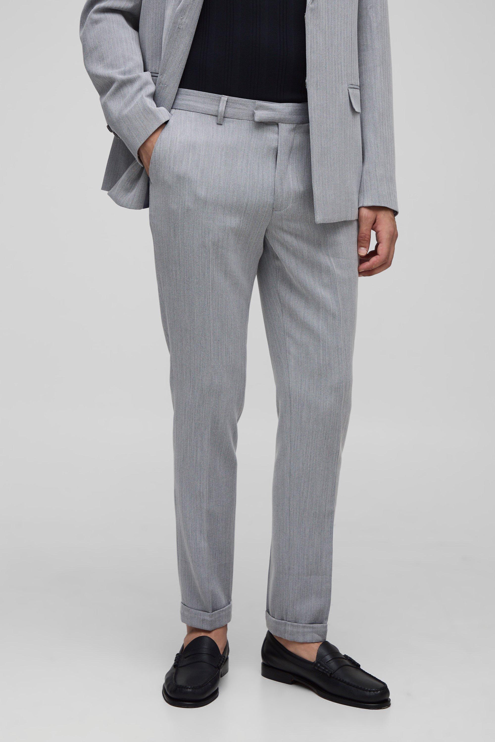 Skinny Fit Herringbone Suit Trouser, Nero