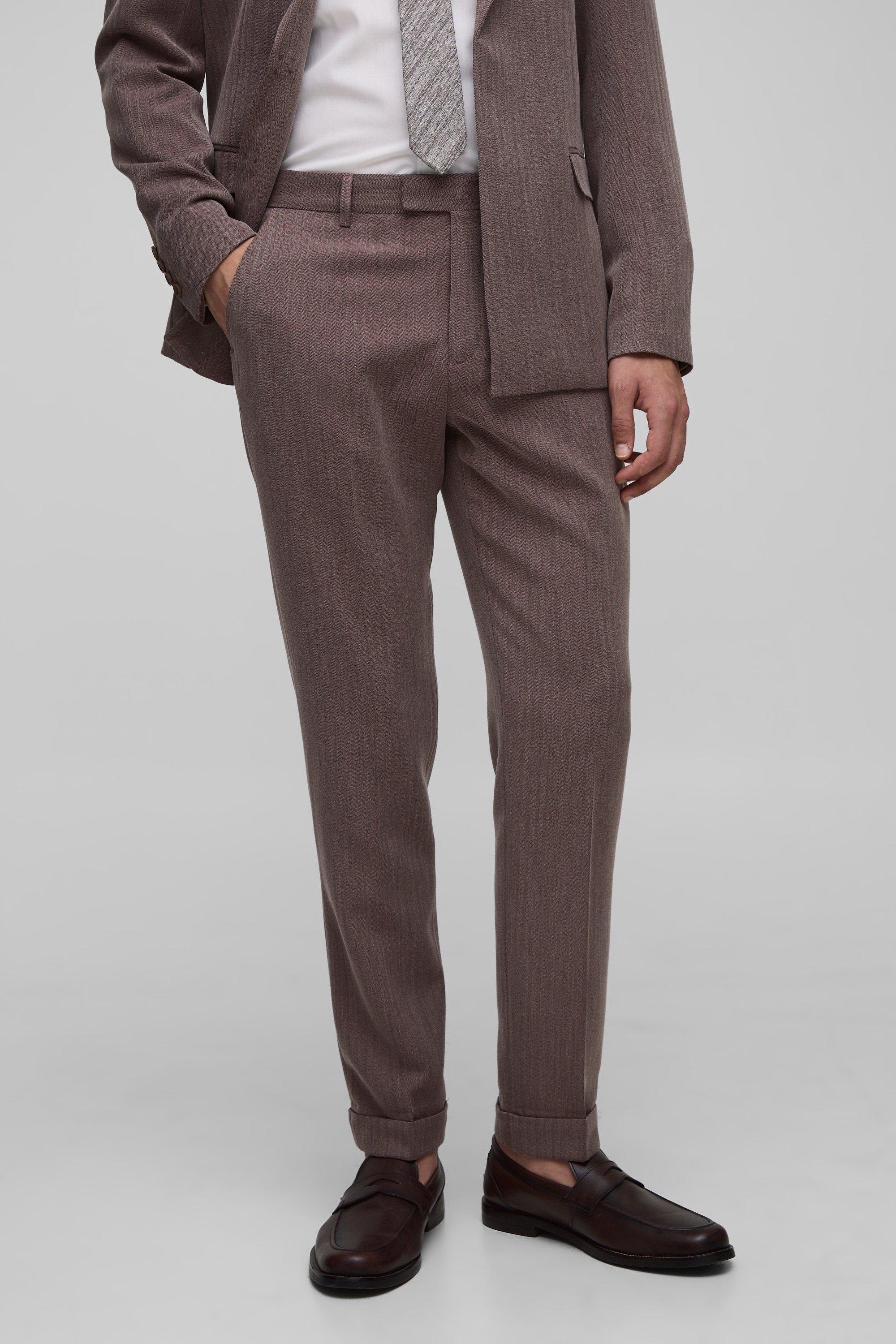Skinny Fit Herringbone Suit Trouser, Brown