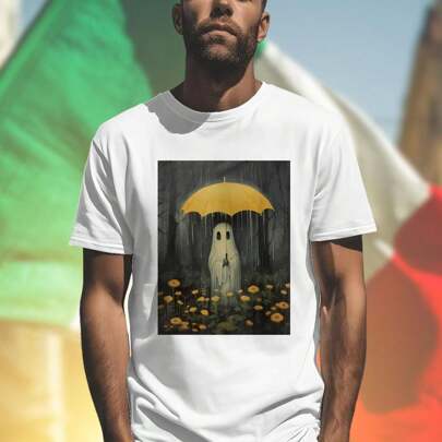 T shirt Uomo Ghost Holding Yellow Umbrella in Rainy Forest with Yellow Flowers Cotone Morbido Moda Primaverile Estate Casual Giovane Idee Regalo Comfo