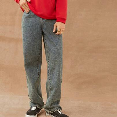 Jeans dritti in denim vintage lavato 91% cotone premium per uomo