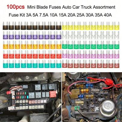 Kit assortimento di 100 mini fusibili a lama per auto, camion e autocarri, 40 A, 3 A, 5 A, 7,5 A, 10 A, 15 A, 20 A, 25 A, 30 A, 35 A