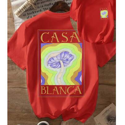 T-shirt da donna a maniche corte in tinta unita, t-shirt in cotone con slogan Casa Blanca, design a forma di fungo, energica, streetwear Y2K, abbiglia