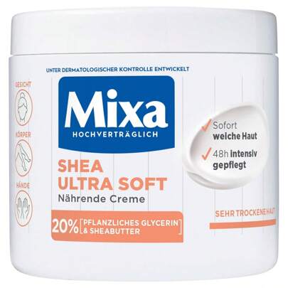 Crema nutriente Mixa alla Shea, per viso, corpo e mani con 20% di glicerina vegetale e burro di Shea per pelle molto secca, per tutta la famiglia, nut