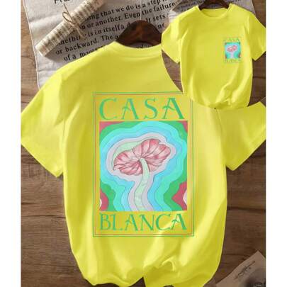 T-shirt da donna a maniche corte in tinta unita, t-shirt in cotone con slogan Casa Blanca, design a forma di fungo, energica, streetwear Y2K, abbiglia