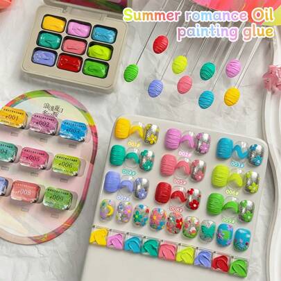 9 colori Set di smalti gel solidi dall'effetto lucido, colori romantici come dipinti ad olio estivi, smalti gel solidi multicolor ad alto gloss, neces