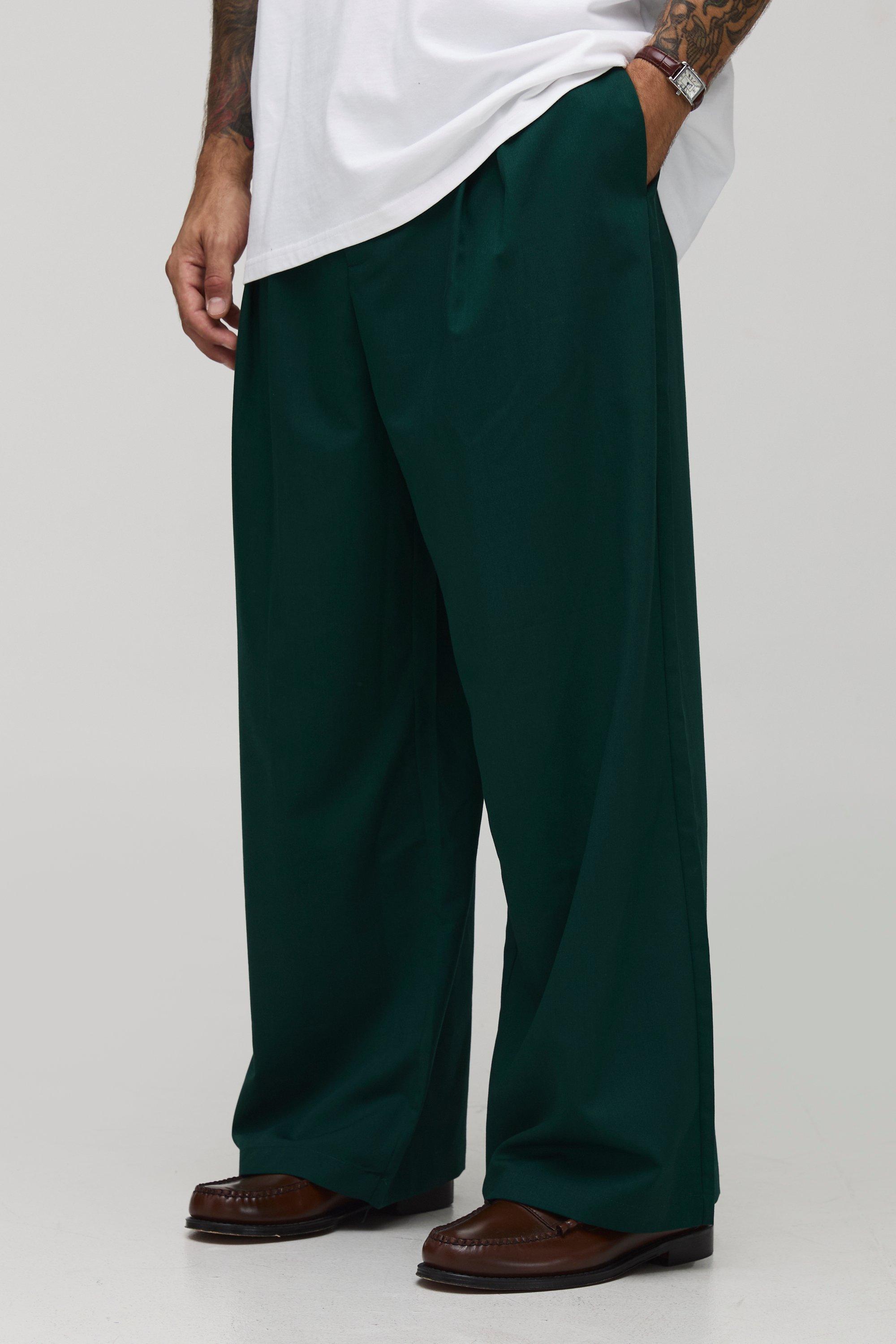 Wide Fit Pleat Front Tailored Smart Trousers, Verde