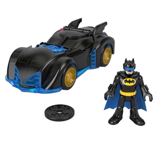 Fisher-Price, Imaginext Dc Super Friends - Batmobile Scuoti E Gira, Veicolo Con Motore Vibrante E Lancia Dischi, Personaggio Batman Snodato E 2 Proiet