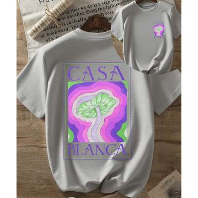 T-shirt da donna a maniche corte in tinta unita, t-shirt in cotone con slogan Casa Blanca, design a forma di fungo, energica, streetwear Y2K, abbiglia
