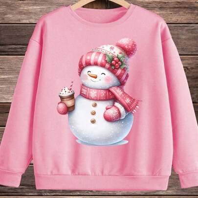 Felpa rotonda casual natalizia con stampa di pupazzo di neve, adatta per ragazze pre-adolescenti in autunno e inverno