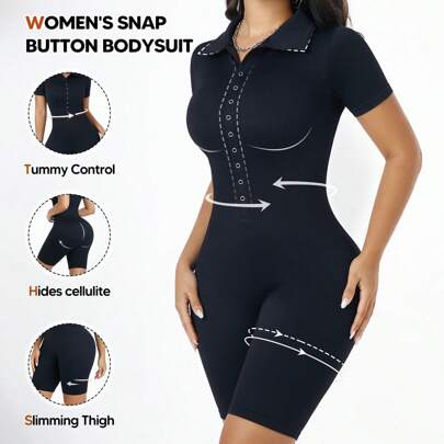 Tuta a compressione con manica corta e fettucce, elegante, con bottoni, per modellare la silhouette femminile