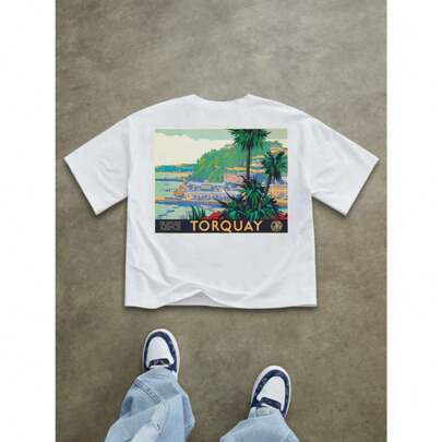 Modello posteriore Torquay GWR Resort TShirt, nuova maglietta estiva da uomo in cotone 220g con scollo rotondo e stampa sul retro (1 pezzo)