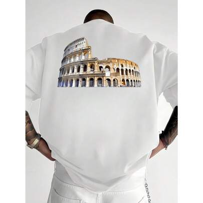 Maglietta estiva da uomo con stampa Colosseo Roma Italia, 220 g di cotone, con scollo rotondo e stampa sul retro (1 pezzo)