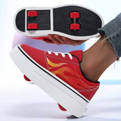 [Ruote anteriori rimovibili + Ruote posteriori retrattili] Scarpe pattini per bambini, Heelys a motivo di fiamma, Scarpe da pattinaggio cool per ragaz