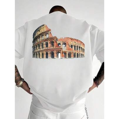Maglietta estiva da uomo con stampa Colosseo Roma Italia, 220 g di cotone, con scollo rotondo e stampa sul retro (1 pezzo)