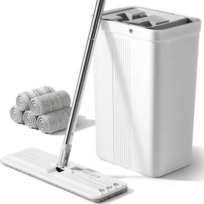 Mop and Bucket with Wringer, Flat Mop and Bucket, Floor Cleaning Mop with 5 Microfiber Cloths, Wet and Dry Use, Household Cleaning Tools for Wood