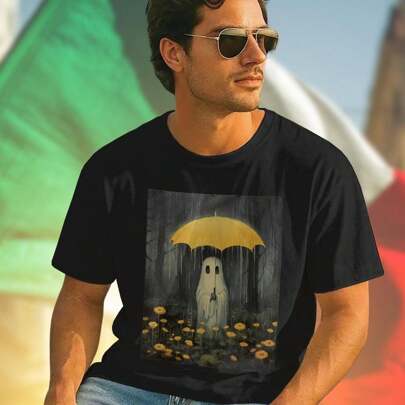 T shirt Uomo Ghost Holding Yellow Umbrella in Rainy Forest with Yellow Flowers Cotone Morbido Moda Primaverile Estate Casual Giovane Idee Regalo Comfo