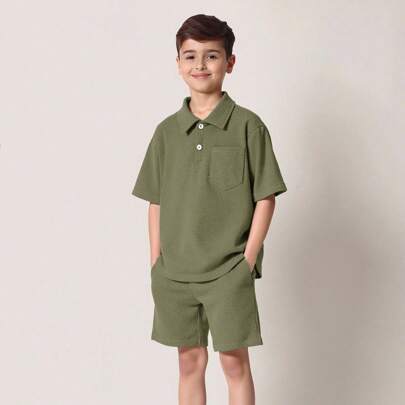 2 pezzi Set polo a manica corta con colletto alla coreana e pantaloncini comodi per ragazzi pre-adolescenti, adatto per pendolarismo, scuola, occasion