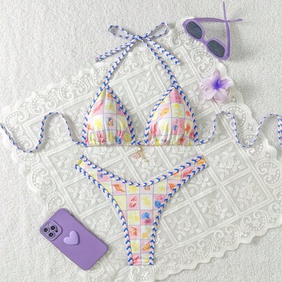 2 pezzi Set di bikini con top a fascia con stampa floreale casuale e textura in tessuto, decorato con perle finte, e perizoma con taglio alto, costume