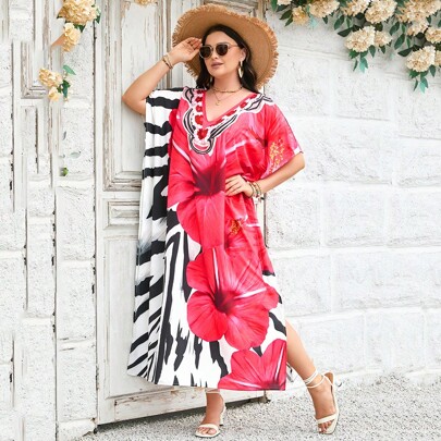 Caftano da donna, abito lungo da spiaggia, poncho da spiaggia boho, abbigliamento da spiaggia caftano, stampa, abbigliamento da notte ampio, bikini, c