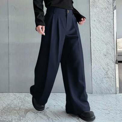 Pantaloni casual larghi e morbidi da uomo con pences, a tinta unita