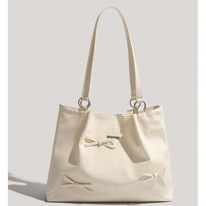 Borsa a tracolla casual con fiocco decorativo, borsa a spalla da donna di grande capacità, borsetta bianca alla moda