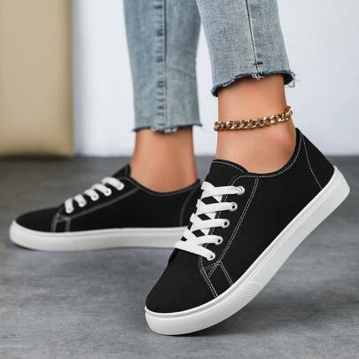 Scarpe sportive da donna taglie forti, scarpe da studente nere taglie forti, scarpe di tela con suola piatta, sneaker casual sportive con lacci in sti
