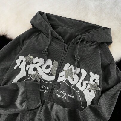 Felpa con cappuccio con grafica lettera con zip con coulisse