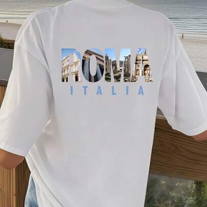 T-shirt grafica Roma Italia, t-shirt estiva da donna in cotone 220 g con scollo rotondo e stampa sul retro (1 pezzo)