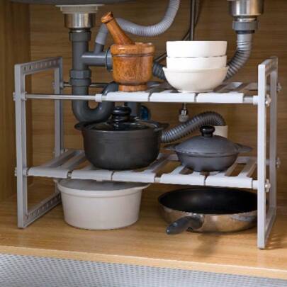 Mensola per lavello a 2 livelli, mensola da cucina sottolavello per mobile o bancone, multifunzionale: mensola da cucina, scarpiera e organizer per la