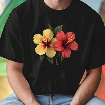 Maglietta Uomo Yellow Hibiscus Red Hibiscus Flowers With Green Leaves Moda Estiva Casual Comoda Stile Giovane Regalo Idea Offerta Speciale Must Have E