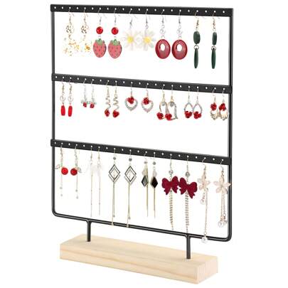 Organizer per orecchini, organizer per gioielli, espositore da appendere per orecchini (66 fori e 3 ripiani), in acciaio inossidabile, con retro nero,