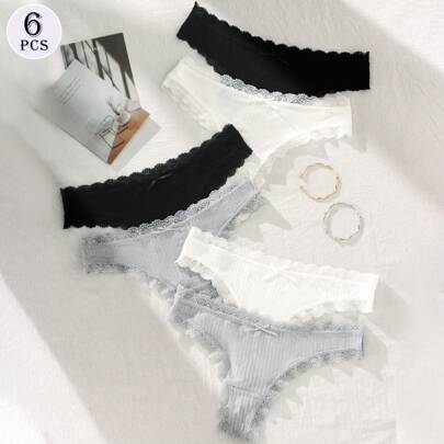 6 pezzi perizomi in pizzo per donna, biancheria intima comoda a tinta unita