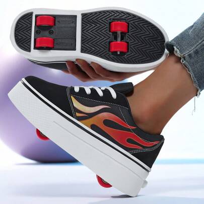 [Ruota anteriore staccabile + Ruota posteriore retrattile] Scarpe con rotelle per bambini con motivo a fiamma, Heelys per bambini e bambine