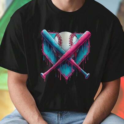 T Shirt Uomo Baseball Crossed Bats Neon Dripping Paint Moda Casual Primavera Estate  Regalo Sportivo Look Unico Offerta Speciale
