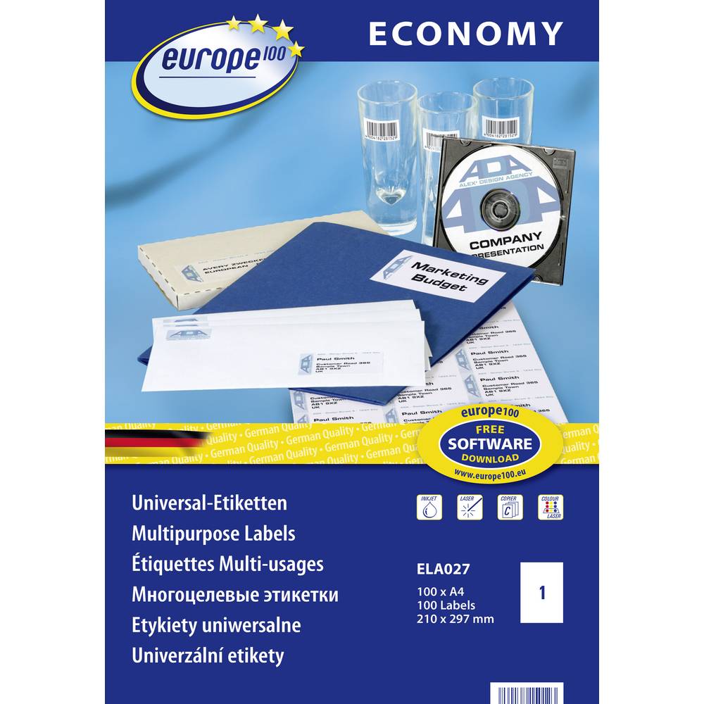 Europe 100 ELA027 Etichetta universale 210 x 297 mm Carta Bianco 100 pz. A tenuta permanente Stampante a getto dinchiostro, Stampante laser, Stampante