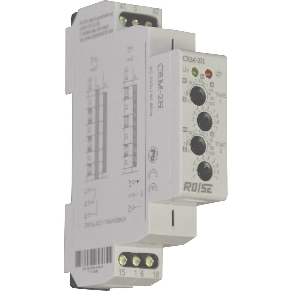 Rose LM CRM-2H/UNI CRM-2H/UNI Relè temporizzato Multifunzionale 12 V/DC, 12 V/AC, 240 V/DC, 240 V/AC 1 pz. Intervallo di tempo: 0.1 s - 100 Giorni 1 s