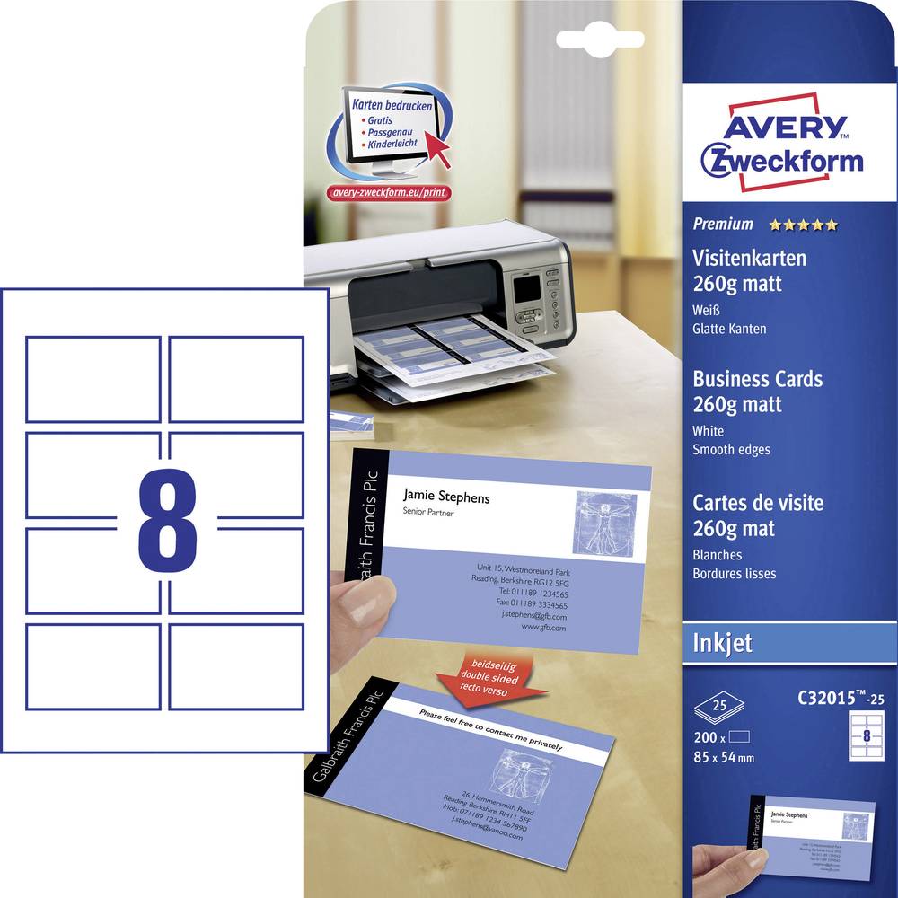 Avery-Zweckform C32015-25 Biglietti da visita stampabili, bordi lisci 85 x 54 mm Bianco 200 pz. Formato carta: DIN A4