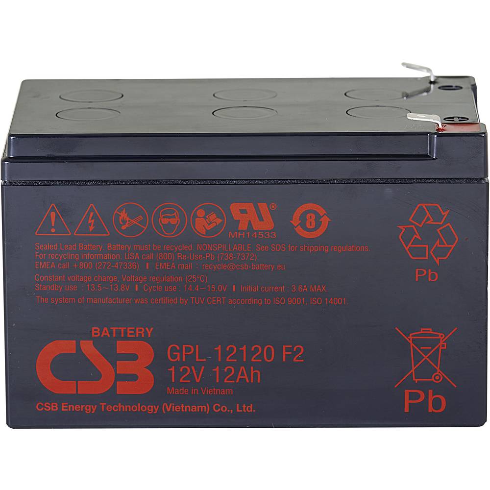 CSB Battery GPL 12120 GPL12120F2 Batteria al piombo 12 V 12 Ah Piombo-AGM (L x A x P) 151 x 100 x 98 mm Spina piatta 6,35 mm Esente da manutenzione, B